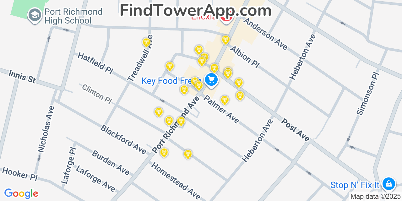 Map showing the 20 primary cell tower locations detected in Port Richmond, New York from AT&T, Verizon, and T-Mobile networks