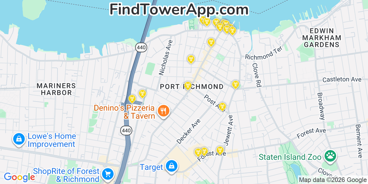Map showing the 20 primary cell tower locations detected in Port Richmond, New York from AT&T, Verizon, and T-Mobile networks
