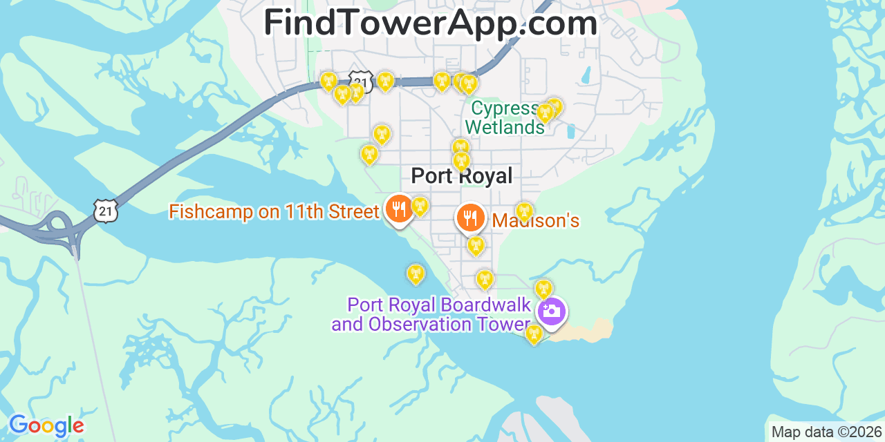Map showing the 20 primary cell tower locations detected in Port Royal, South Carolina from AT&T, Verizon, and T-Mobile networks