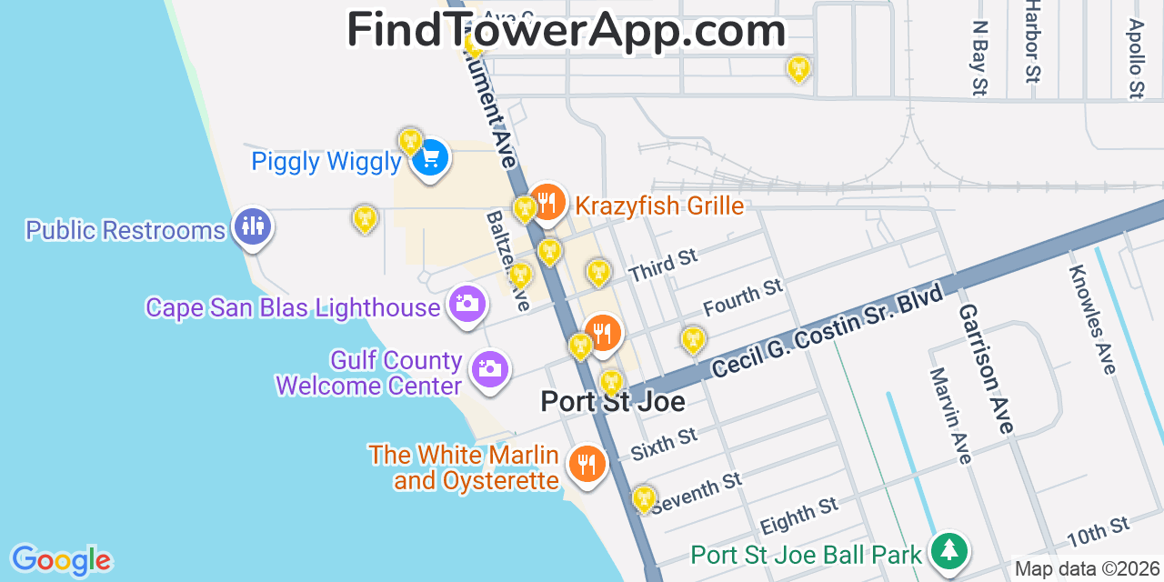 Map showing the 20 primary cell tower locations detected in Port Saint Joe, Florida from AT&T, Verizon, and T-Mobile networks