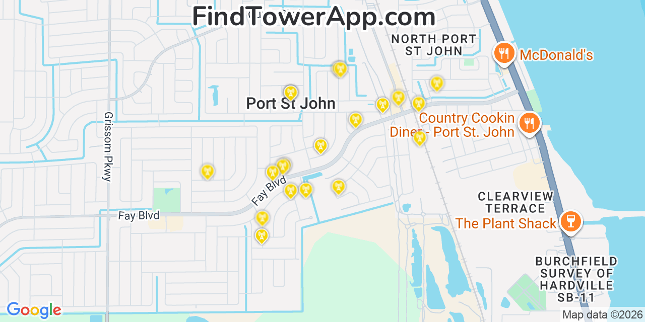 Map showing the 20 primary cell tower locations detected in Port Saint John, Florida from AT&T, Verizon, and T-Mobile networks