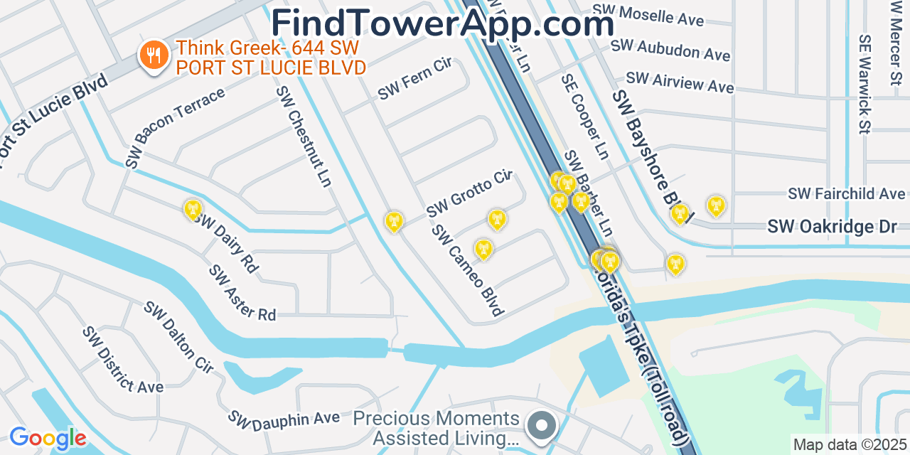 Map showing the 20 primary cell tower locations detected in Port Saint Lucie, Florida from AT&T, Verizon, and T-Mobile networks