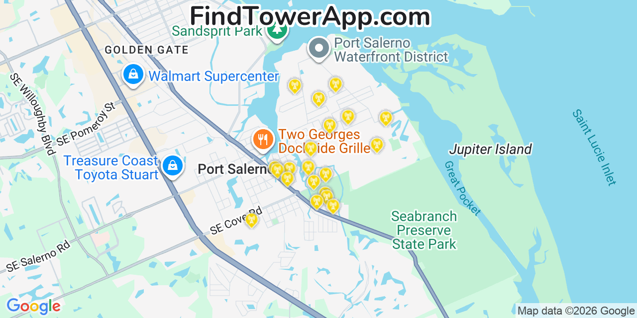 Map showing the 20 primary cell tower locations detected in Port Salerno, Florida from AT&T, Verizon, and T-Mobile networks