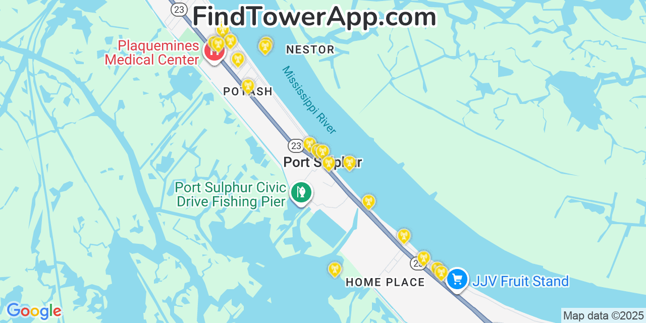 Map showing the 20 primary cell tower locations detected in Port Sulphur, Louisiana from AT&T, Verizon, and T-Mobile networks