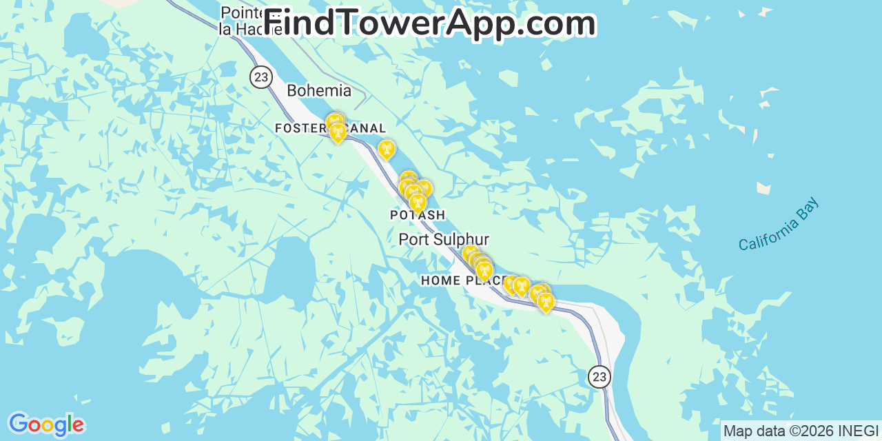 Map showing the 20 primary cell tower locations detected in Port Sulphur, Louisiana from AT&T, Verizon, and T-Mobile networks