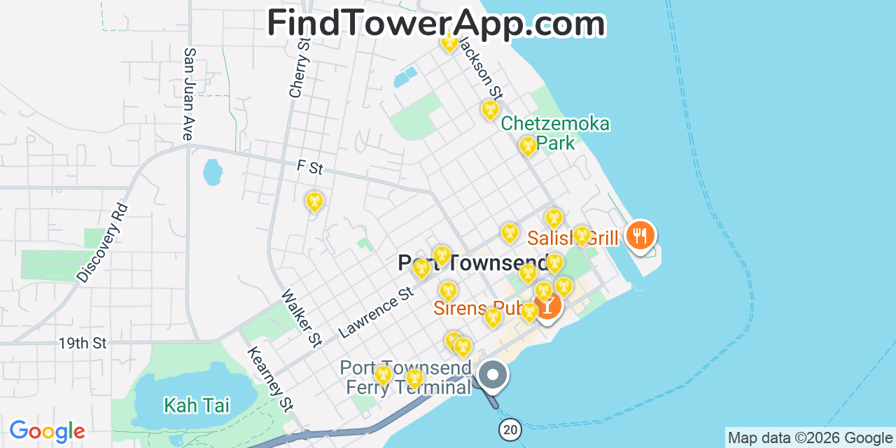 Map showing the 20 primary cell tower locations detected in Port Townsend, Washington from AT&T, Verizon, and T-Mobile networks