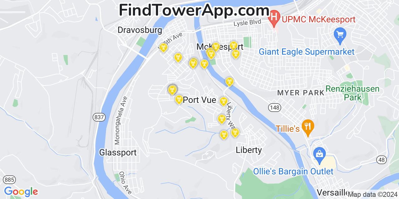 AT&T 4G/5G cell tower coverage map Port Vue, Pennsylvania