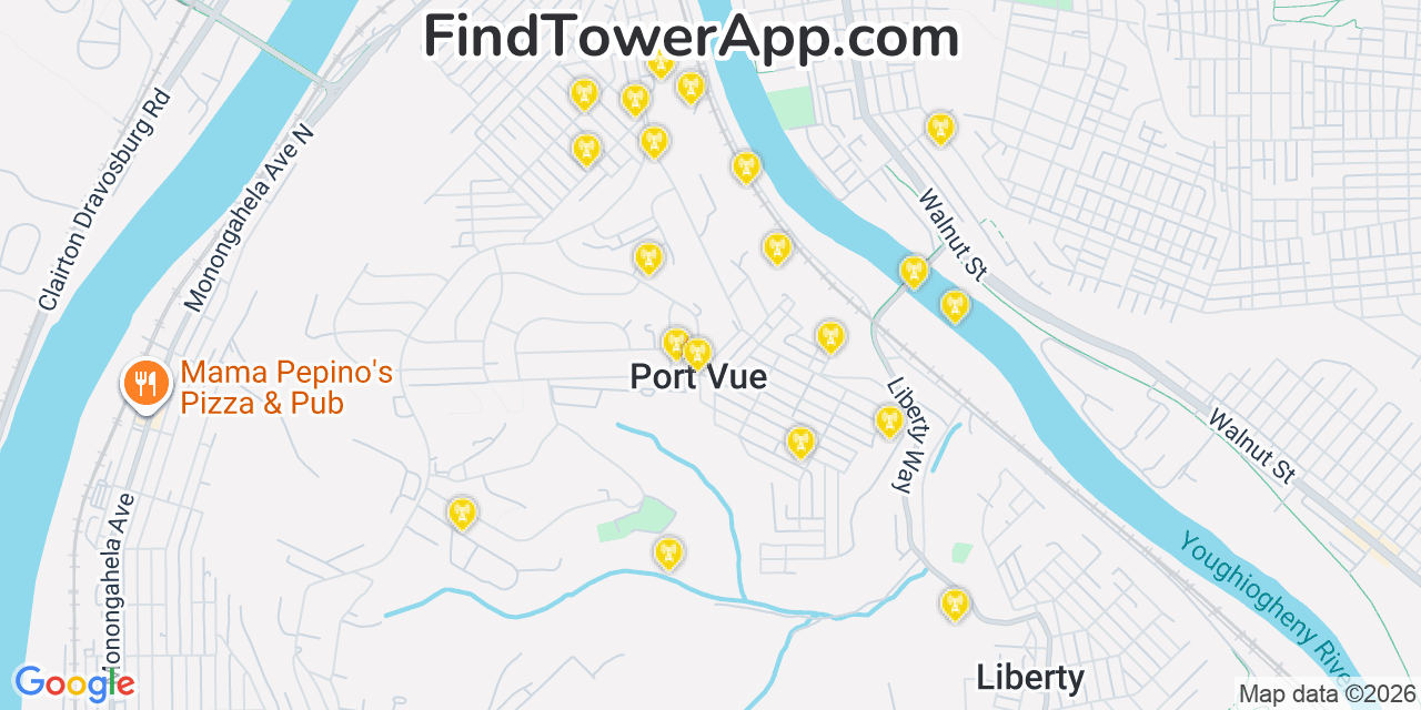 Map showing the 20 primary cell tower locations detected in Port Vue, Pennsylvania from AT&T, Verizon, and T-Mobile networks