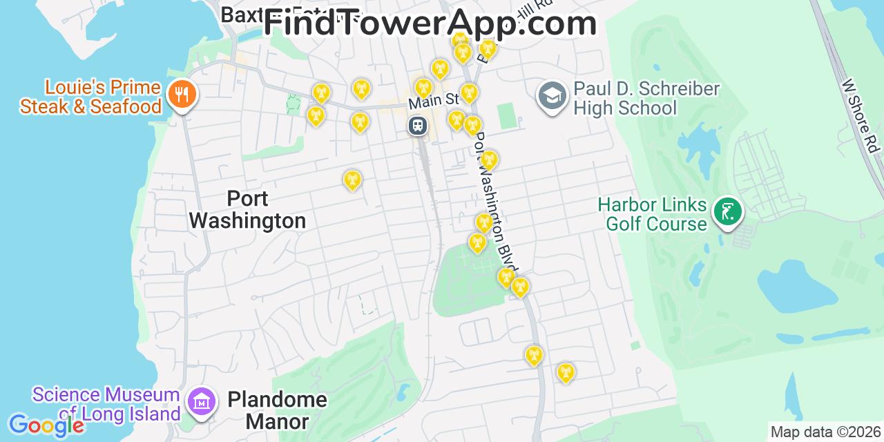 Map showing the 20 primary cell tower locations detected in Port Washington, New York from AT&T, Verizon, and T-Mobile networks