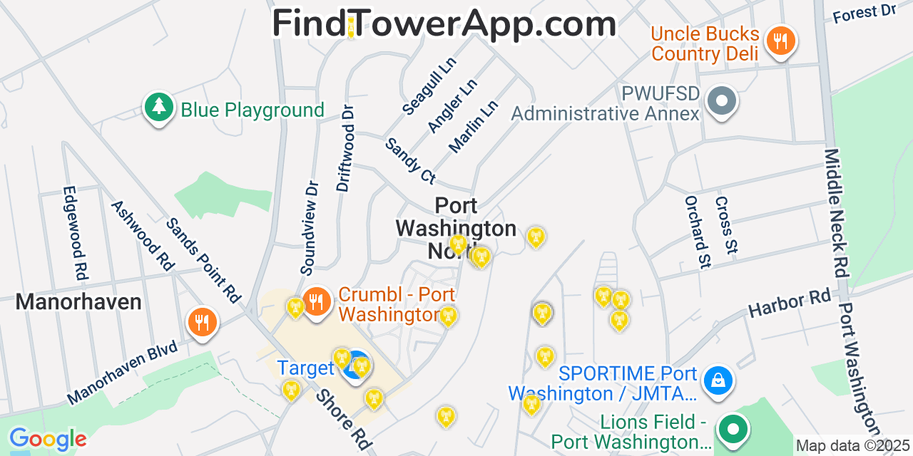 Map showing the 20 primary cell tower locations detected in Port Washington North, New York from AT&T, Verizon, and T-Mobile networks