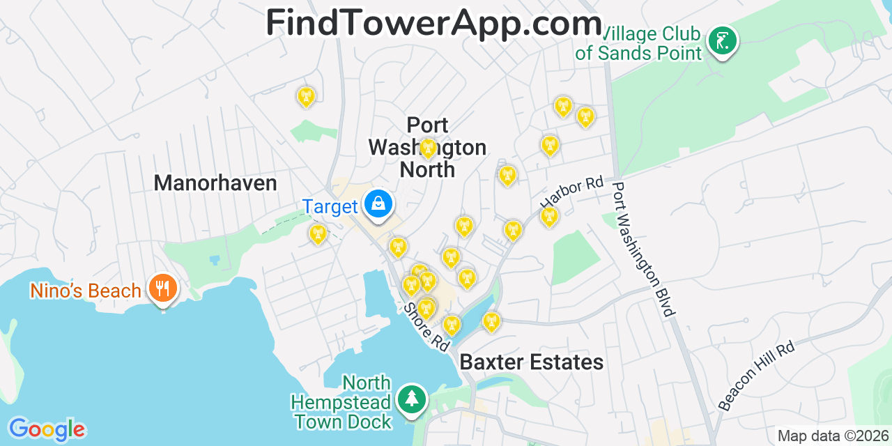 Map showing the 20 primary cell tower locations detected in Port Washington North, New York from AT&T, Verizon, and T-Mobile networks