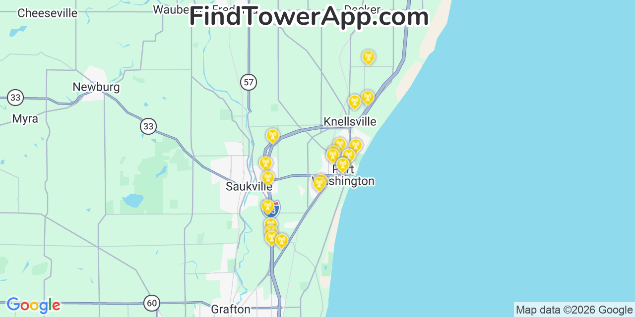 Map showing the 20 primary cell tower locations detected in Port Washington, Wisconsin from AT&T, Verizon, and T-Mobile networks