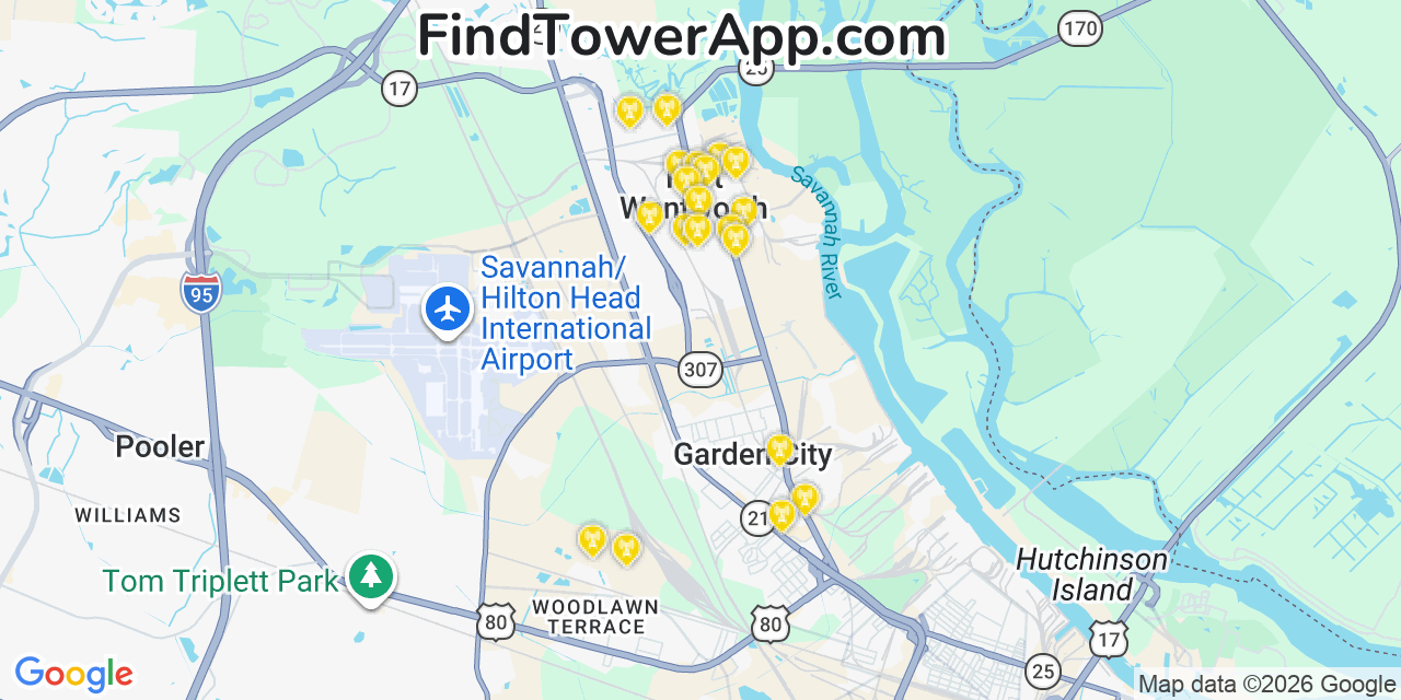 Map showing the 20 primary cell tower locations detected in Port Wentworth, Georgia from AT&T, Verizon, and T-Mobile networks