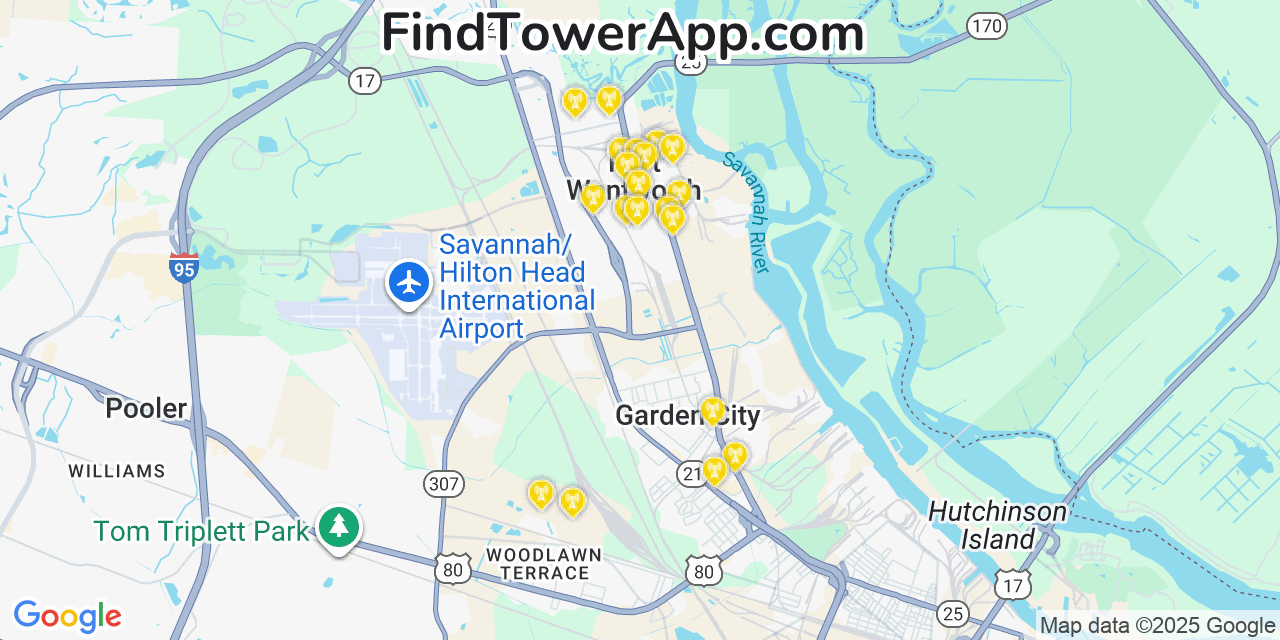Map showing the 20 primary Mobitel cell tower locations detected in Port Wentworth, Georgia with coverage radius and signal strength indicators