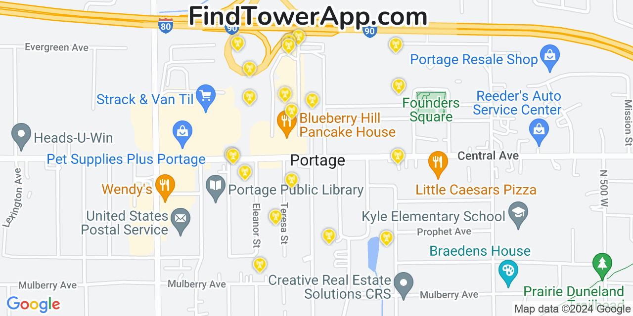 AT&T 4G/5G cell tower coverage map Portage, Indiana