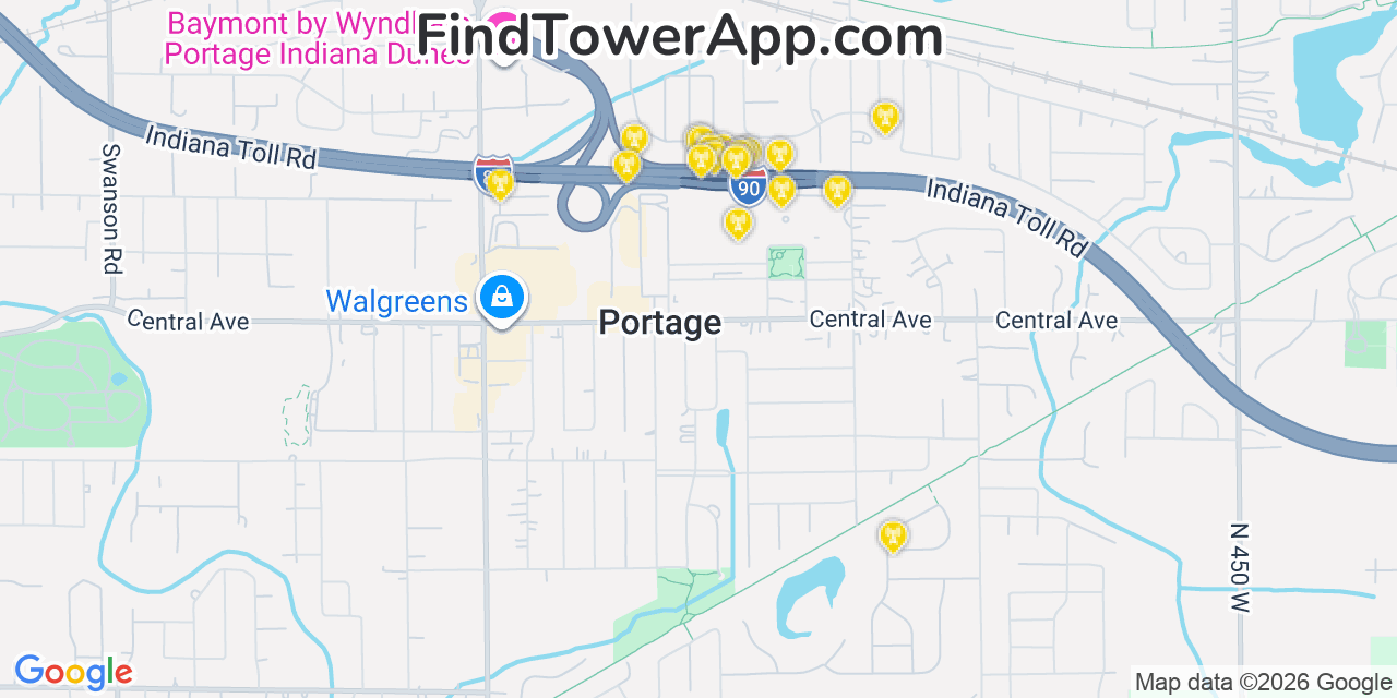 Map showing the 20 primary cell tower locations detected in Portage, Indiana from AT&T, Verizon, and T-Mobile networks