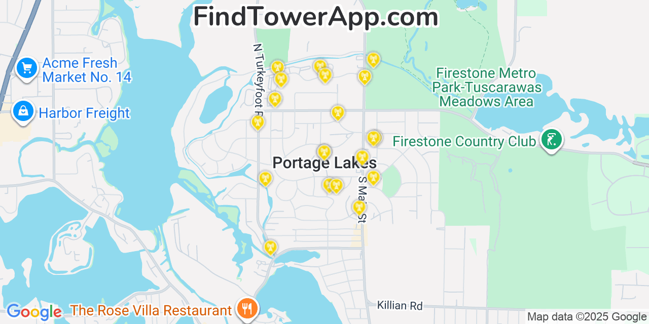 Map showing the 20 primary cell tower locations detected in Portage Lakes, Ohio from AT&T, Verizon, and T-Mobile networks