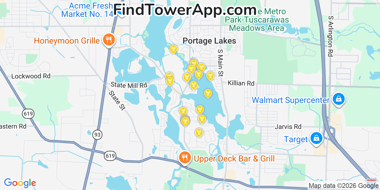 Map showing the 20 primary cell tower locations detected in Portage Lakes, Ohio from AT&T, Verizon, and T-Mobile networks