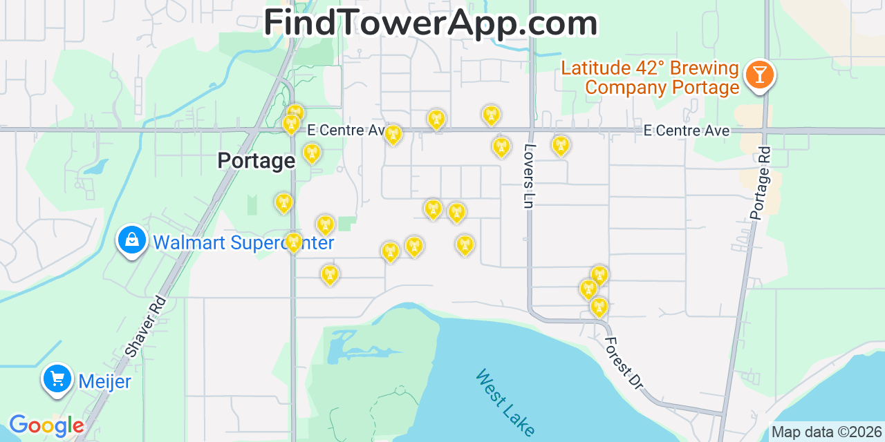 Map showing the 20 primary cell tower locations detected in Portage, Michigan from AT&T, Verizon, and T-Mobile networks