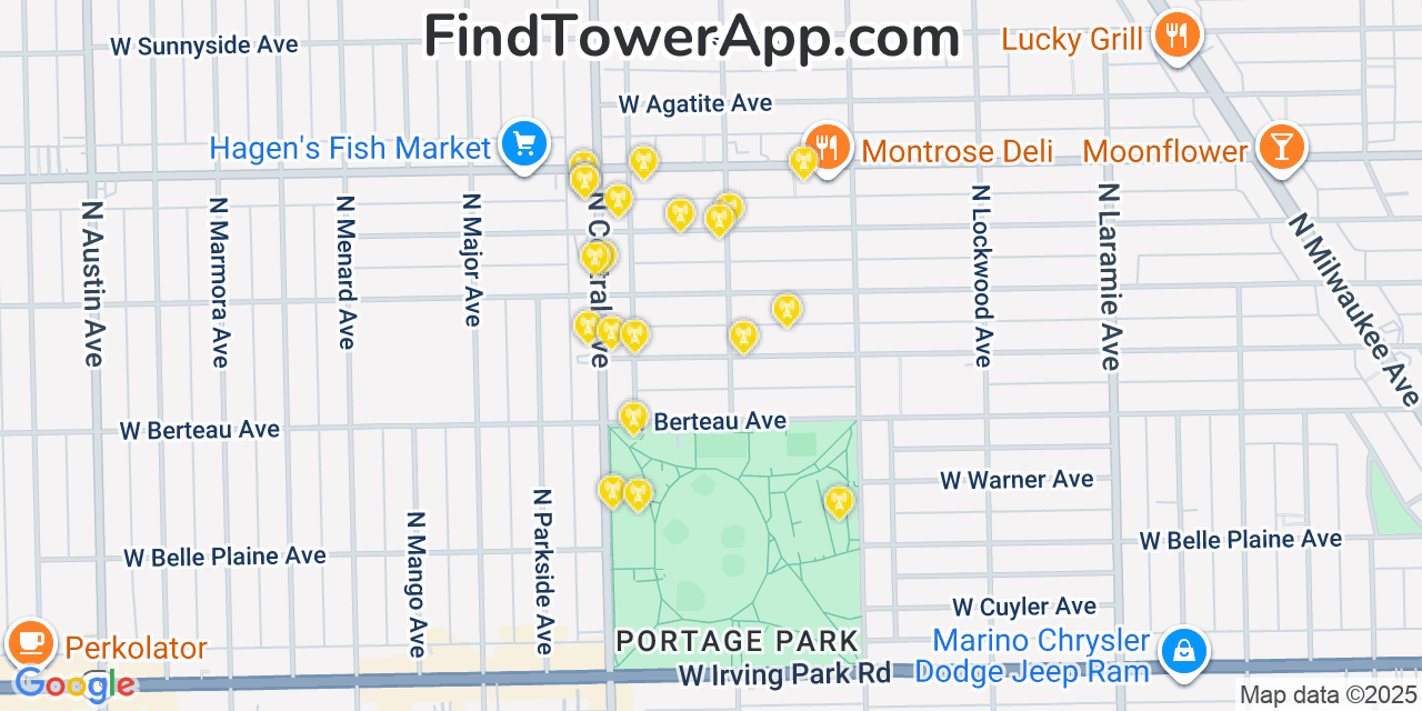 Map showing the 20 primary cell tower locations detected in Portage Park, Illinois from AT&T, Verizon, and T-Mobile networks