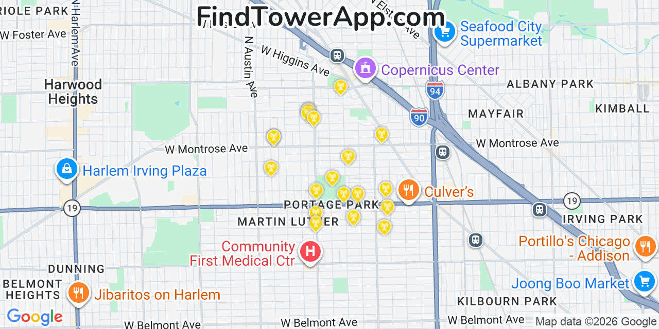 Map showing the 20 primary cell tower locations detected in Portage Park, Illinois from AT&T, Verizon, and T-Mobile networks