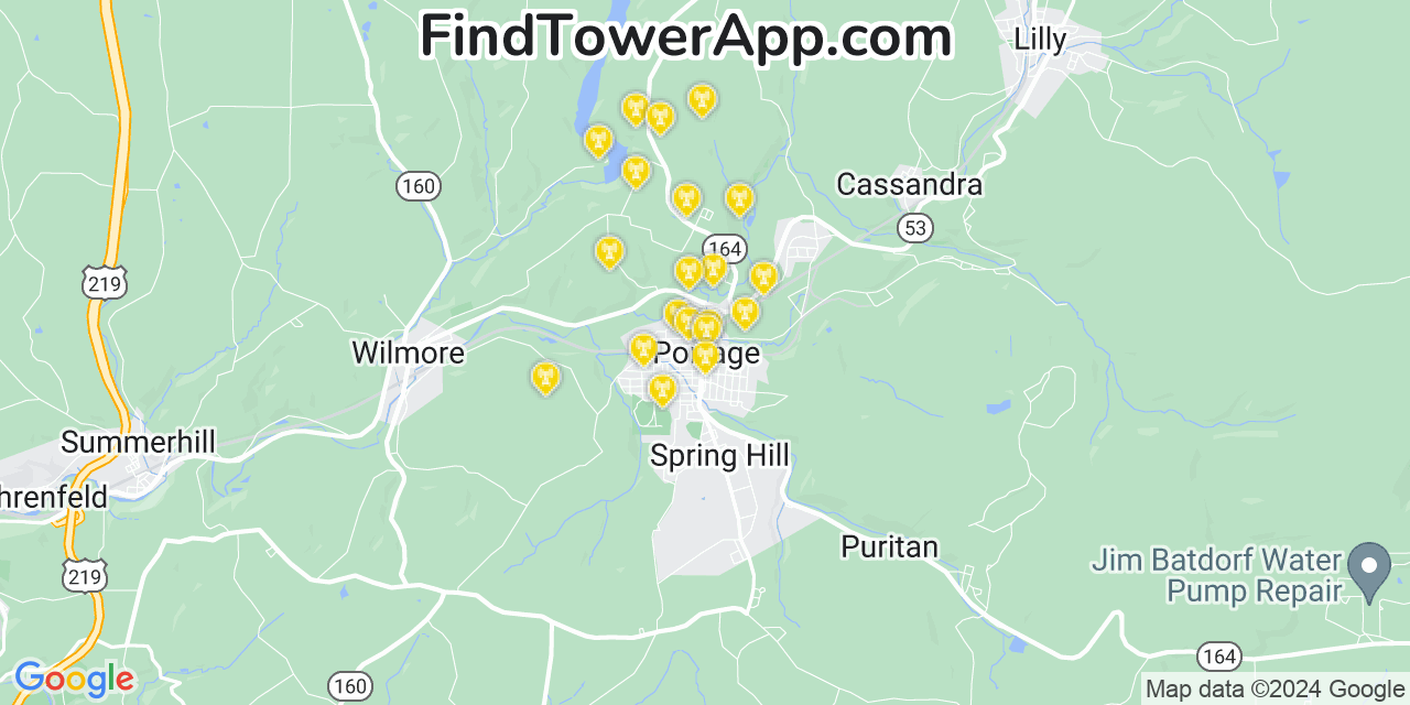 AT&T 4G/5G cell tower coverage map Portage, Pennsylvania