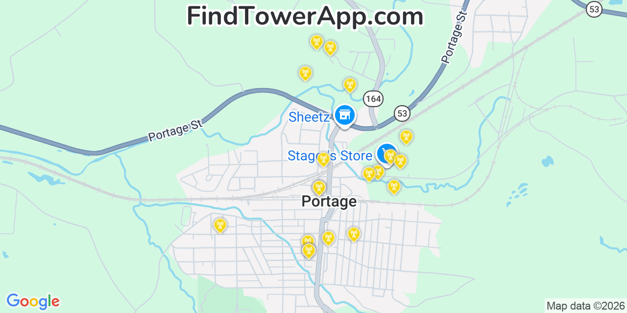 Map showing the 20 primary cell tower locations detected in Portage, Pennsylvania from AT&T, Verizon, and T-Mobile networks