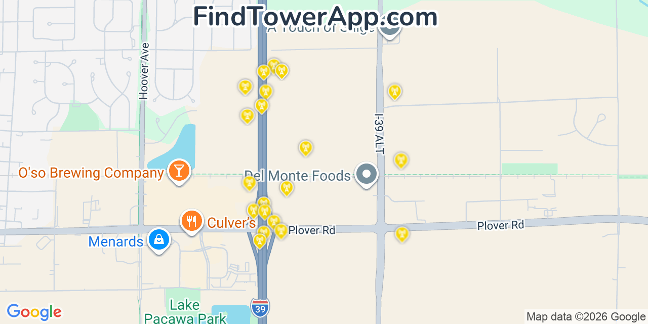 Map showing the 20 primary cell tower locations detected in Portage, Wisconsin from AT&T, Verizon, and T-Mobile networks