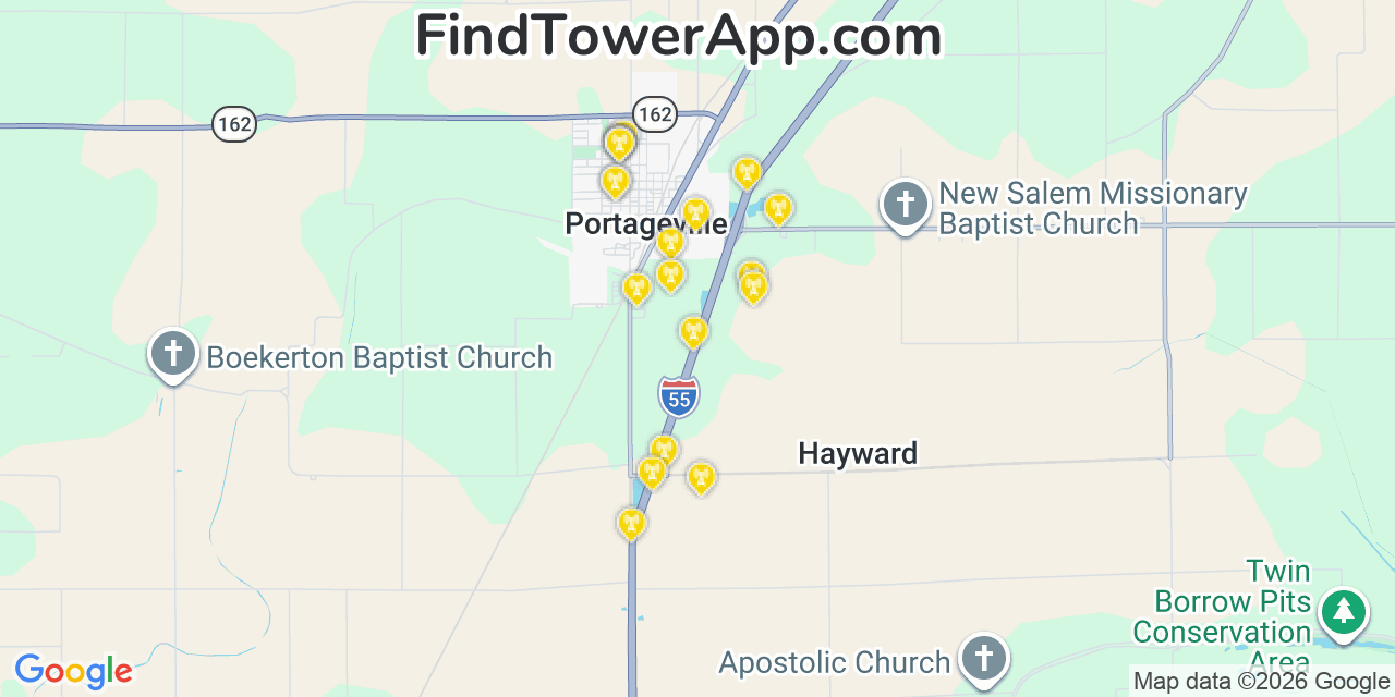 Map showing the 20 primary cell tower locations detected in Portageville, Missouri from AT&T, Verizon, and T-Mobile networks