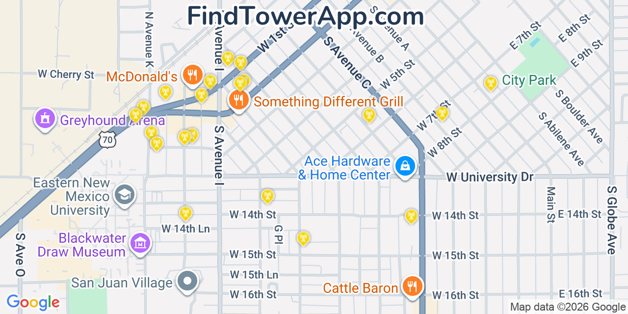 Map showing the 20 primary cell tower locations detected in Portales, New Mexico from AT&T, Verizon, and T-Mobile networks