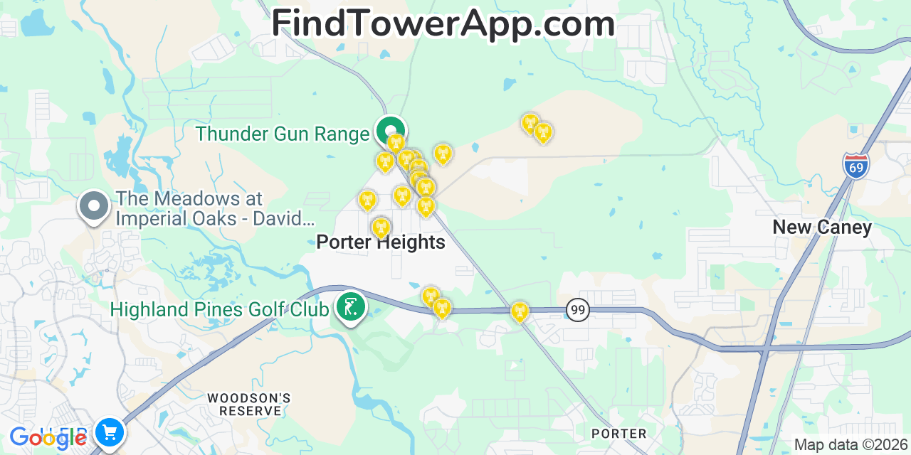Map showing the 20 primary cell tower locations detected in Porter Heights, Texas from AT&T, Verizon, and T-Mobile networks