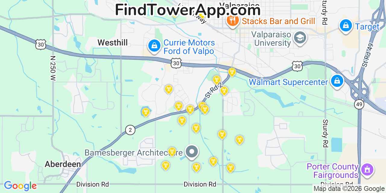 Map showing the 20 primary cell tower locations detected in Porter, Indiana from AT&T, Verizon, and T-Mobile networks