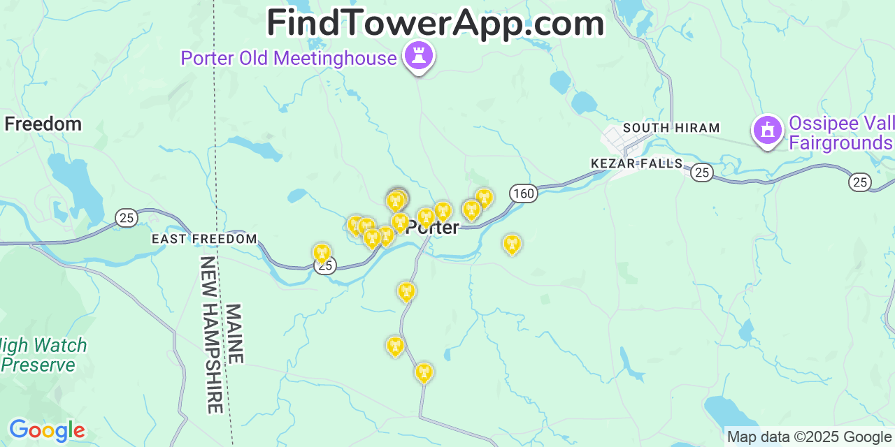 Map showing the 20 primary cell tower locations detected in Porter, Maine from AT&T, Verizon, and T-Mobile networks