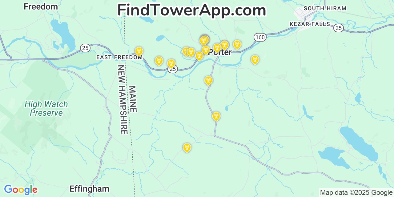 Map showing the 20 primary cell tower locations detected in Porter, Maine from AT&T, Verizon, and T-Mobile networks