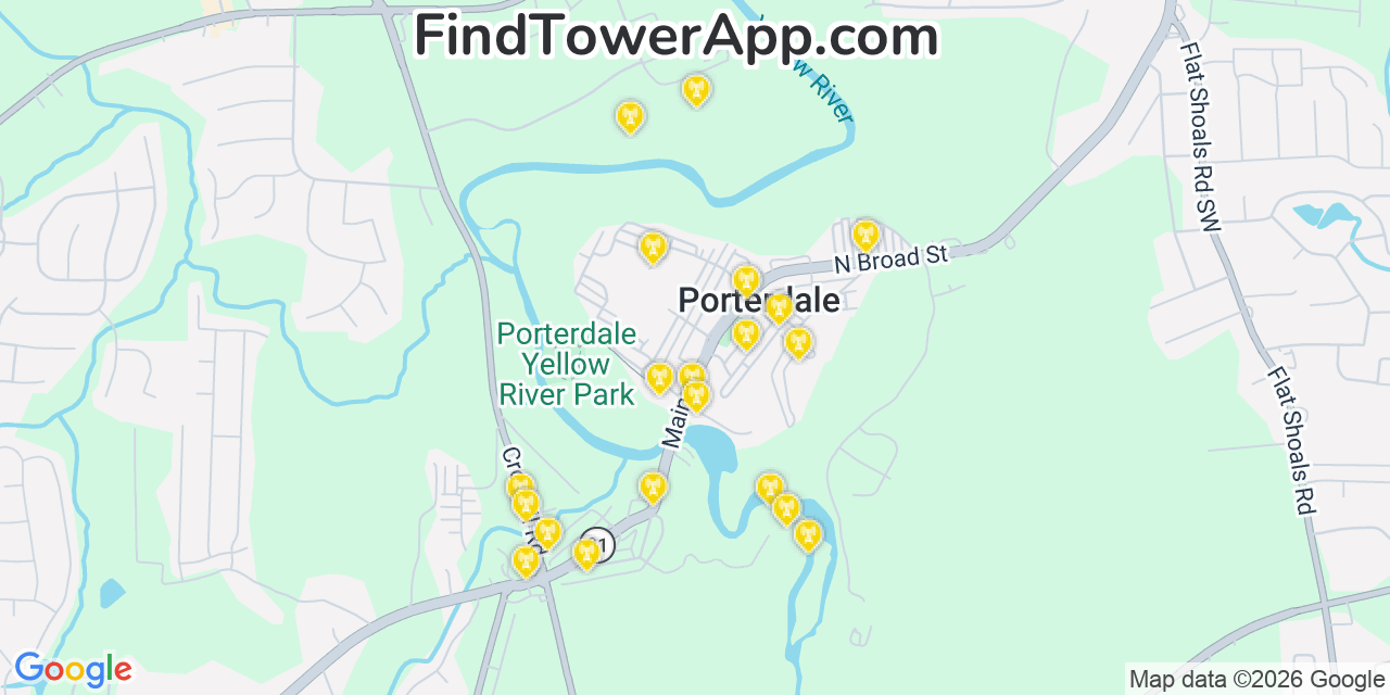 Map showing the 20 primary cell tower locations detected in Porterdale, Georgia from AT&T, Verizon, and T-Mobile networks