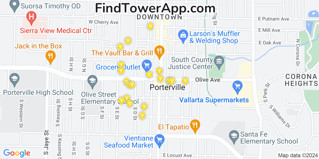 AT&T 4G/5G cell tower coverage map Porterville, California