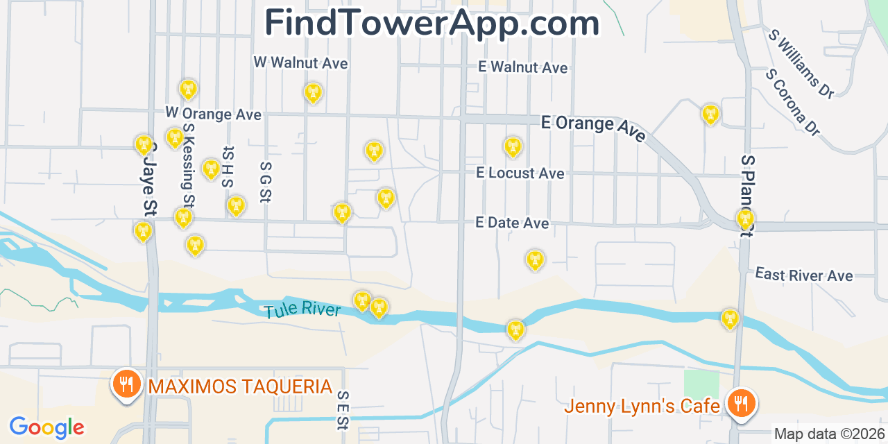 Map showing the 20 primary cell tower locations detected in Porterville, California from AT&T, Verizon, and T-Mobile networks