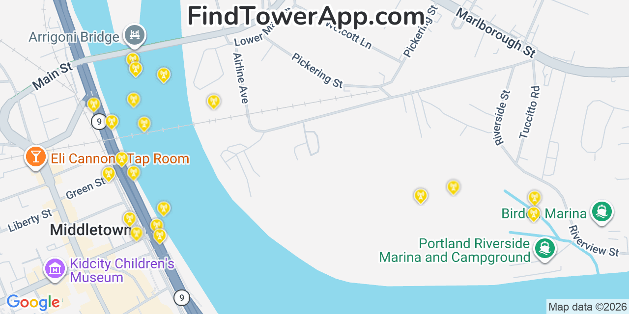 Map showing the 20 primary cell tower locations detected in Portland, Connecticut from AT&T, Verizon, and T-Mobile networks