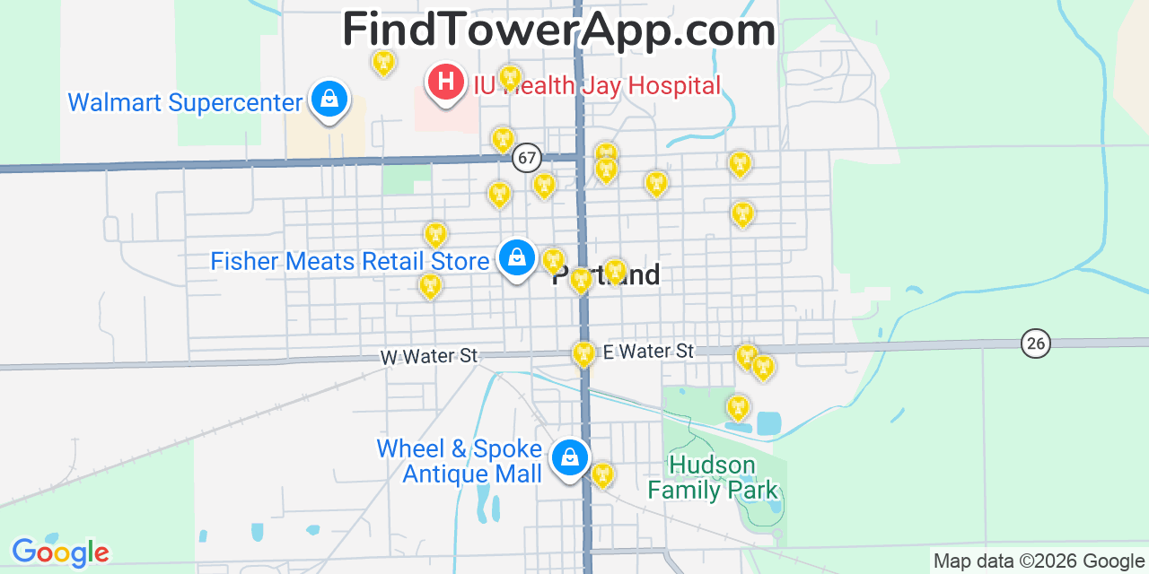 Map showing the 20 primary cell tower locations detected in Portland, Indiana from AT&T, Verizon, and T-Mobile networks