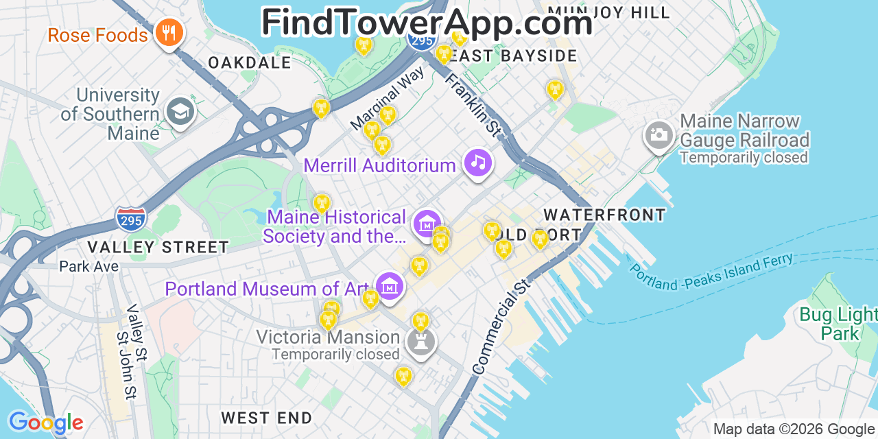Map showing the 20 primary cell tower locations detected in Portland, Maine from AT&T, Verizon, and T-Mobile networks