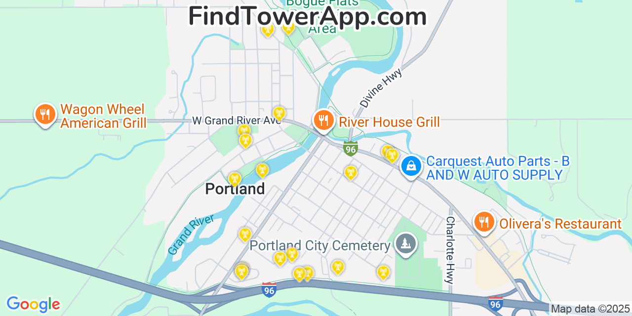 Map showing the 20 primary cell tower locations detected in Portland, Michigan from AT&T, Verizon, and T-Mobile networks