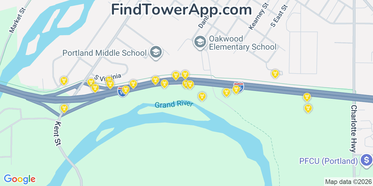 Map showing the 20 primary cell tower locations detected in Portland, Michigan from AT&T, Verizon, and T-Mobile networks