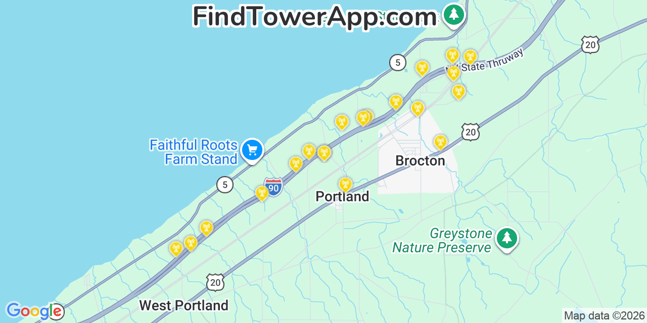Map showing the 20 primary cell tower locations detected in Portland, New York from AT&T, Verizon, and T-Mobile networks