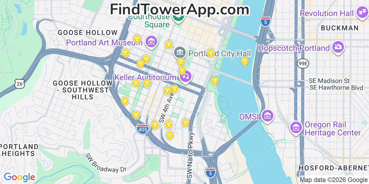 Map showing the 20 primary cell tower locations detected in Portland, Oregon from AT&T, Verizon, and T-Mobile networks