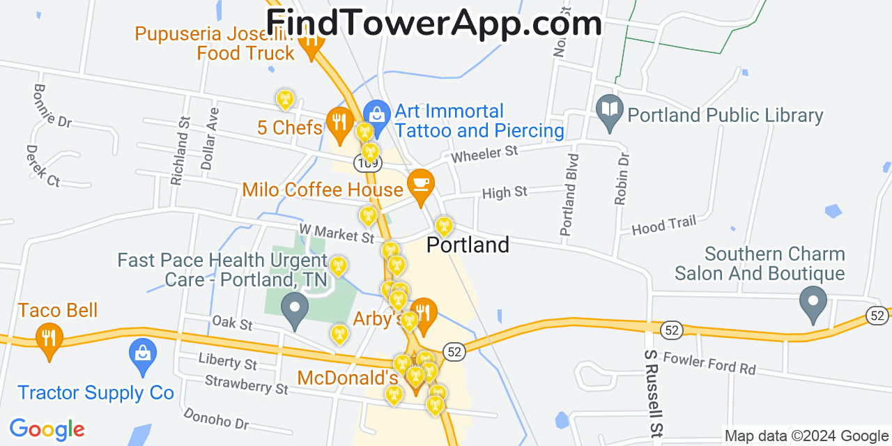 AT&T 4G/5G cell tower coverage map Portland, Tennessee