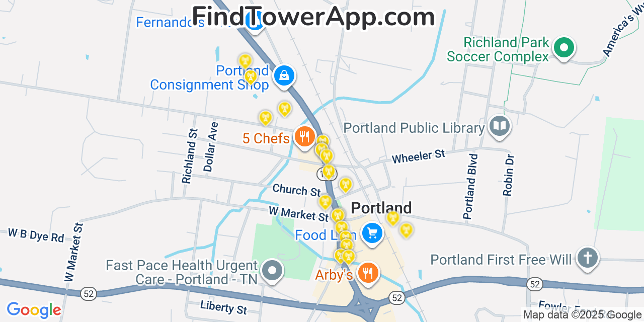 Map showing the 20 primary cell tower locations detected in Portland, Tennessee from AT&T, Verizon, and T-Mobile networks