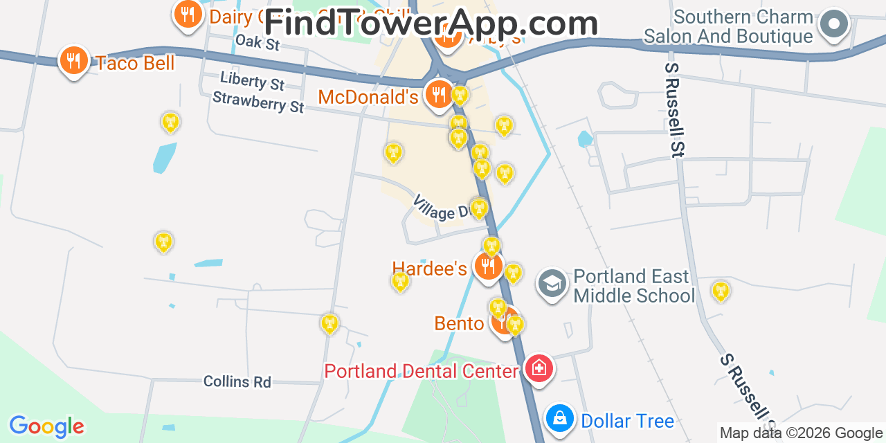 Map showing the 20 primary cell tower locations detected in Portland, Tennessee from AT&T, Verizon, and T-Mobile networks