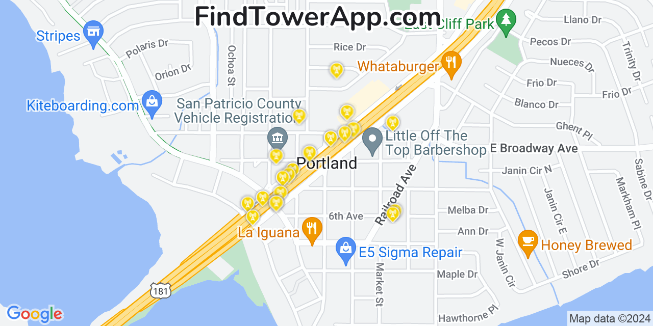 AT&T 4G/5G cell tower coverage map Portland, Texas