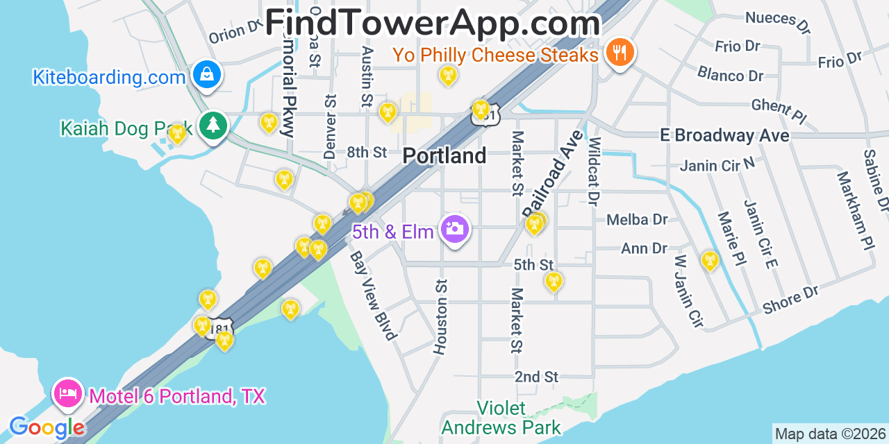 Map showing the 20 primary cell tower locations detected in Portland, Texas from AT&T, Verizon, and T-Mobile networks