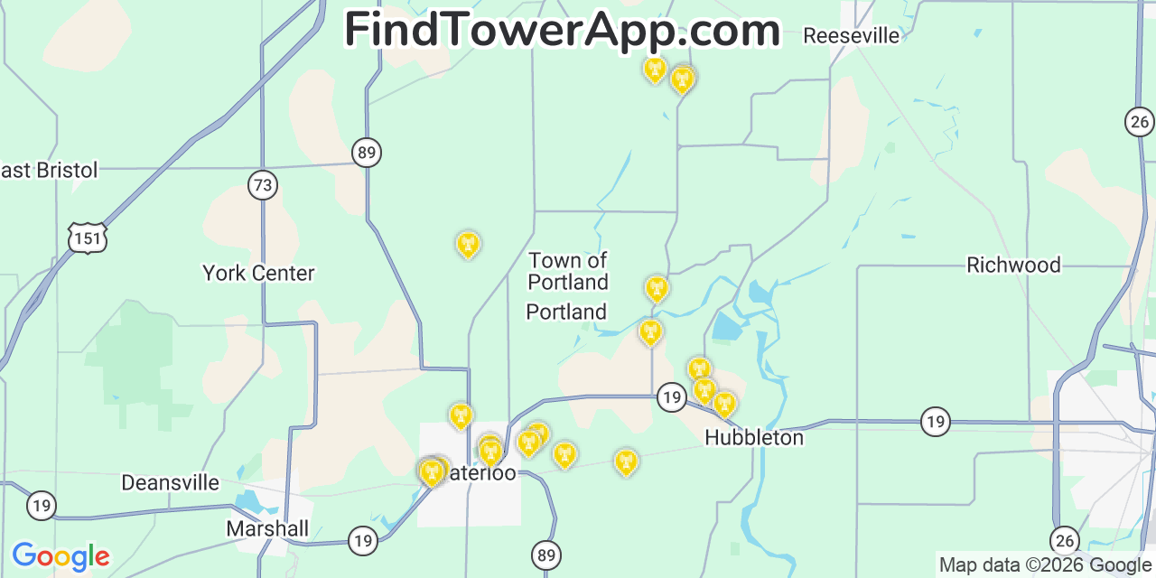 Map showing the 20 primary cell tower locations detected in Portland, Wisconsin from AT&T, Verizon, and T-Mobile networks